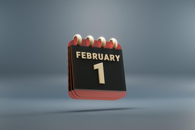 Standing black and red month lined desk calendar with date February 1 Modern design with golden ele