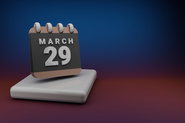 Стоящий черно-красный календарь с датой 29 марта Современный дизайн с золотым элементом