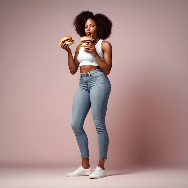 Standing black woman eating a hamburger on a plain background full body