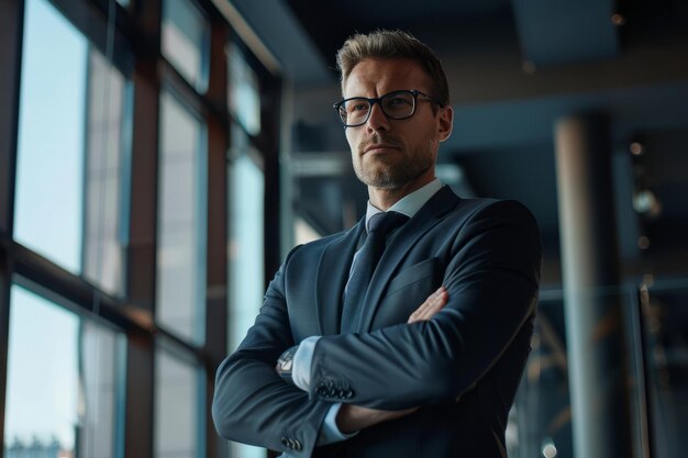 Standing in the boardroom with his arms crossed a successful business