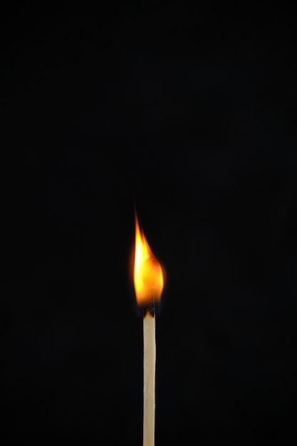 Standing burning match on a black background