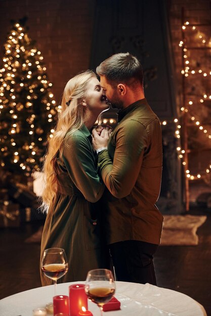 Standing in the Christmas decorated room Young lovely couple have romantic dinner indoors together