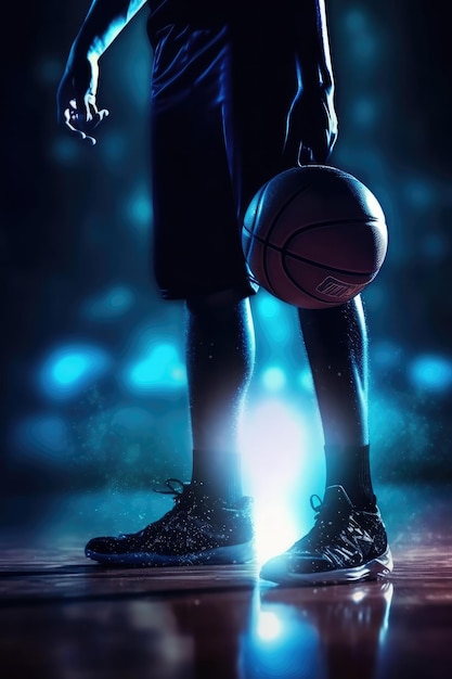 A standing closeup shot of a basketball player standing on a dark background Generative AI