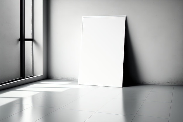 Standing on a concrete floor in a white empty room is a mockup of a white canvas poster