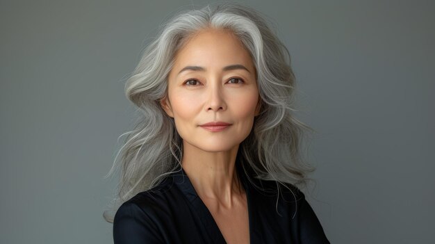 Standing confidently with arms crossed in front of a gray background an Asian female psychologist with grey hair is looking at the camera