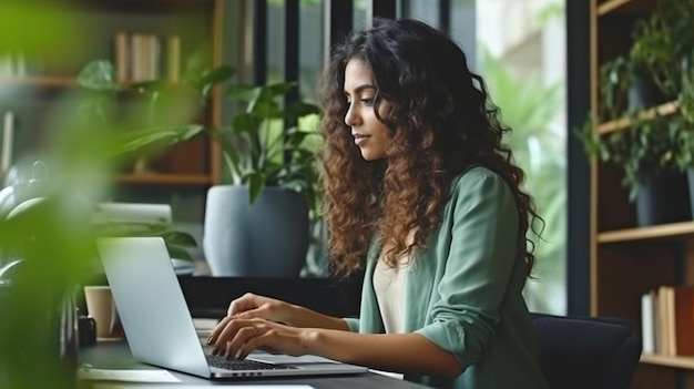 Standing in a contemporary office a focused businesswoman is utilizing a laptop The Generative AI