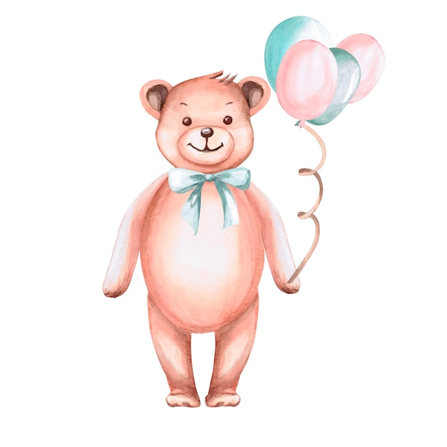 Standing cute little bear with balloons in watercolor illustration on a white background Hand drawn teddy bear illustration for childrens rooms clothing newborn baby shower or baby posters