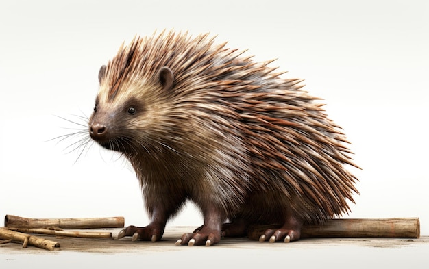 Standing Dark Brown Porcupine Isolated on White Background