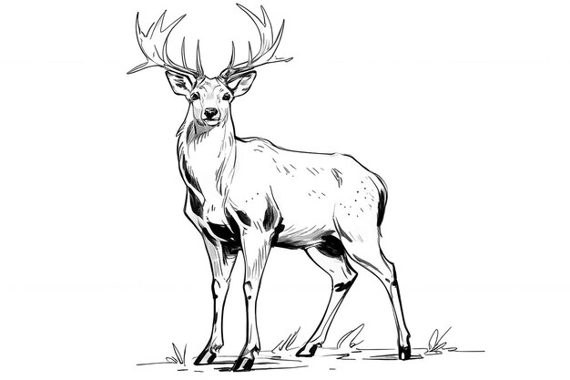 Standing Deer Vintage Black White Ink Sketch