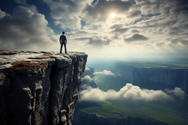 Standing on the Edge Scenic View of a Person Distantly Standing on Cliff Against the Sky