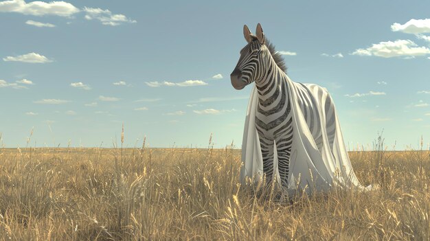 Standing in a field of tall grass a zebra is draped in a white sheet The zebras expression is one of calm resignation