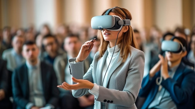 Standing in front of the audience a young woman in an immaculate grey suit makes a presentation on Generative AI while wearing a virtual reality headset and a smartphone