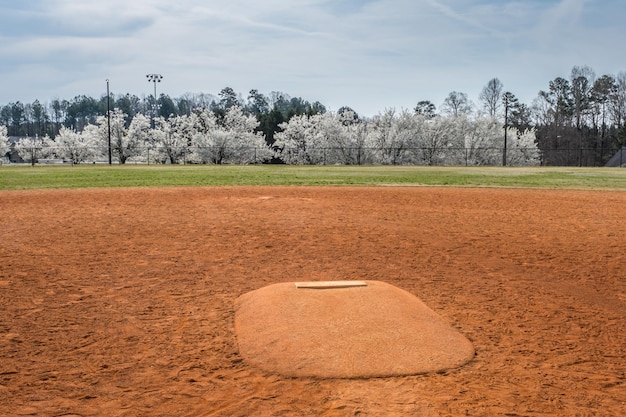 Photo standing in front of a pitchers mound looking towards the outfield with white flowering trees