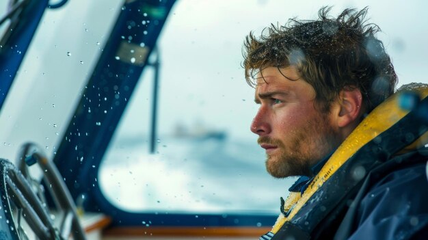 Standing at the helm of the ship a male marine biologist peers out into the horizon scanning for any