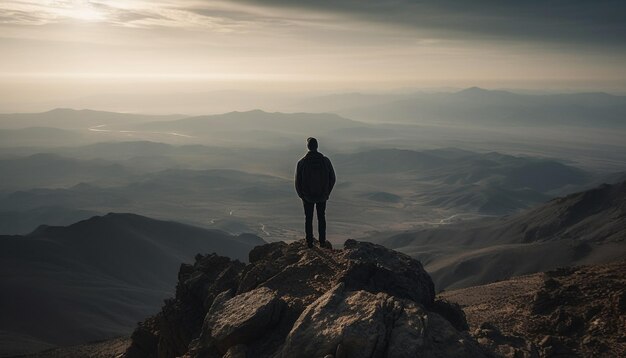 Foto in piedi in alto una persona si sposta trionfalmente sulla vetta della montagna generata dall'ia