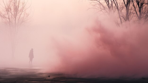 写真 ピンクの霧の中に立つ