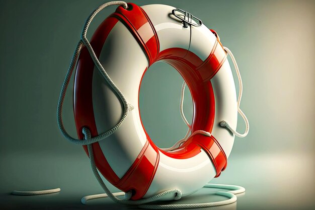 Photo standing on its side white life buoy with shiny orange stripes