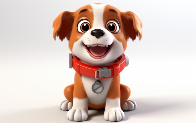 白い背景に隔離された笑顔の3Dキャラクターの立っている救助犬