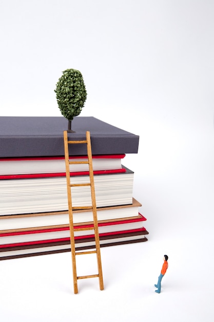 Standing man and wooden ladder on stack of new books