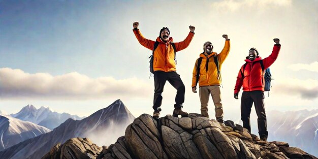 Photo standing men celebrating success atop mountain peak