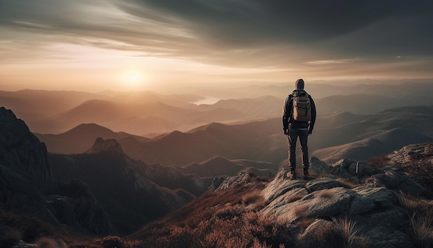 Standing on mountain peak backpacker achieves hiking success at dawn generated by AI