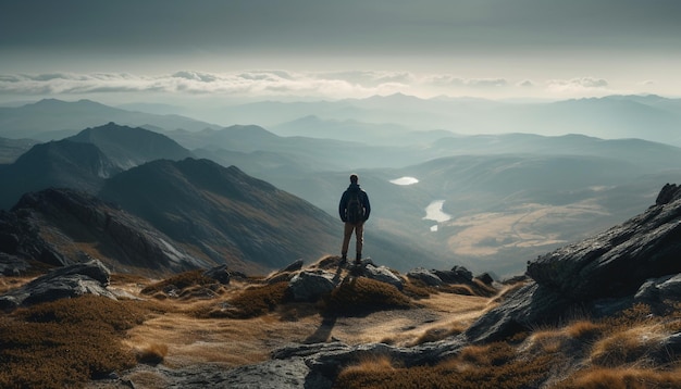 Standing on mountain peak backpacker achieves hiking success at sunset generated by AI