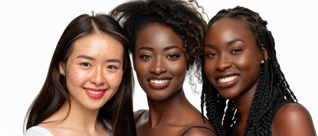 Standing multiracial women with smiles facing the camera isolated over white