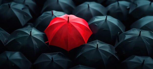 Standing out from the crowd concept red umbrella among a crowd of black umbrellas