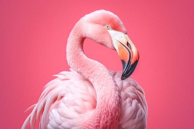 Photo standing pink flamingo close up on turquoise blue sky and water background