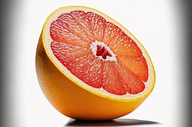 Standing pink grapefruit citrus fruit slice with clipping path isolated on a white backdrop