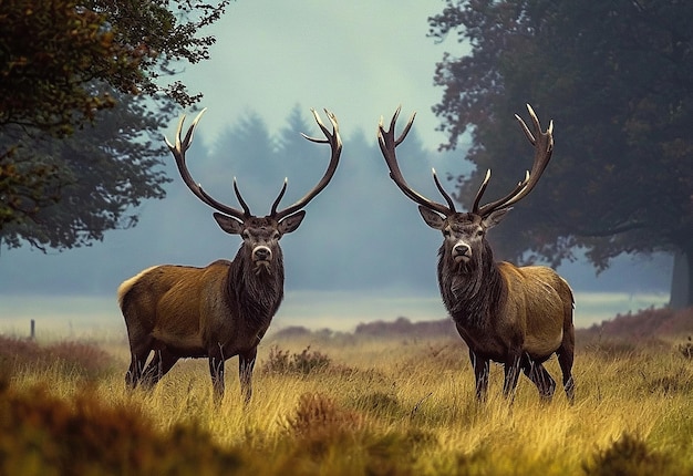 Foto una coppia di cervi in piedi in un tranquillo prato di montagna, un bellissimo paesaggio naturale generato dall'ai.