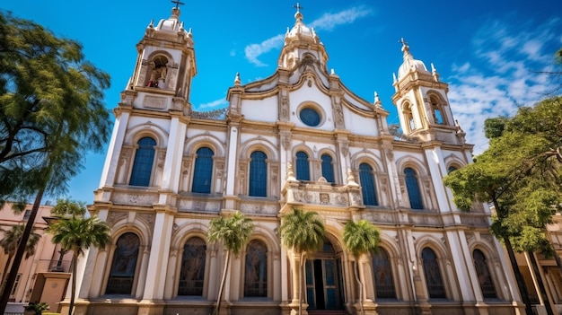 Standing tall against a vibrant blue sky the beautiful church of Santa Rosa de Lima showcases intri