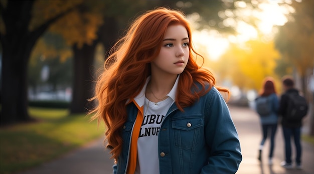 Standing teenage girl with auburn hair light jacket AI Generative