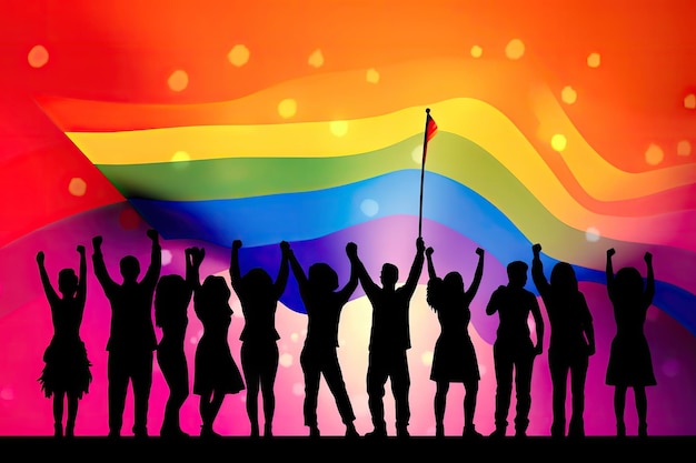 Standing Together Silhouettes United with the LGBT Rainbow Flag Generative AI