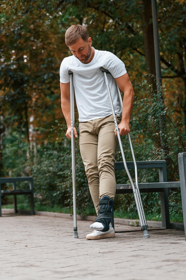 Photo standing and walking man with crutches is in the park outdoors having leg injury