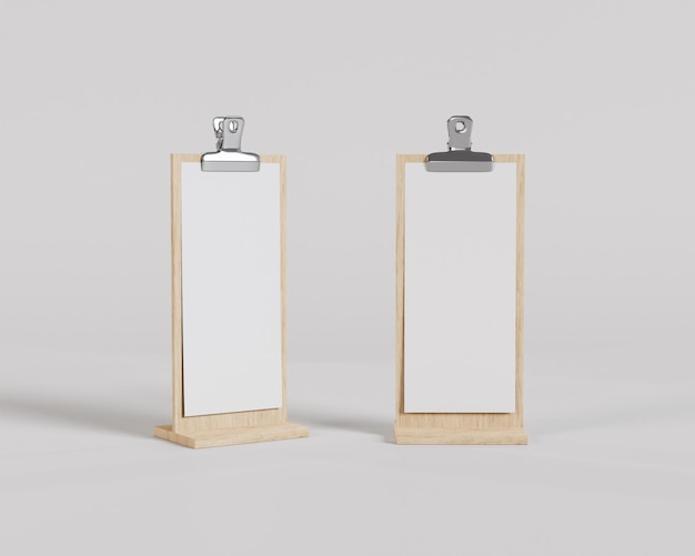 Standing Wood Clipboard mockup, menu board, 3d render, 3d rendering