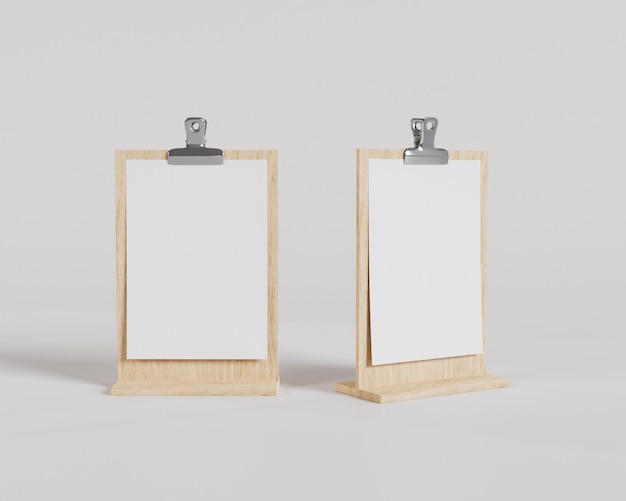 Photo standing wood clipboard mockup, menu board, 3d render, 3d rendering