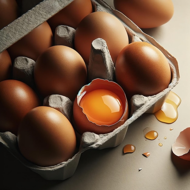 Standout raw egg with yolk among uniform white eggs Concept of uniqueness and natural food
