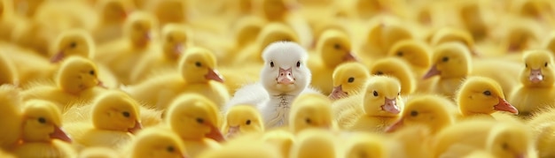 A standout white chick is surrounded by a sea of yellow ducklings in a warm