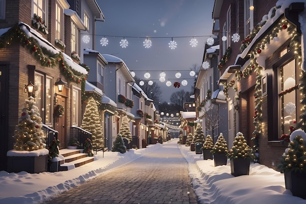 Foto stap in een winterse wonderland met kerststraat compleet met twinkelen