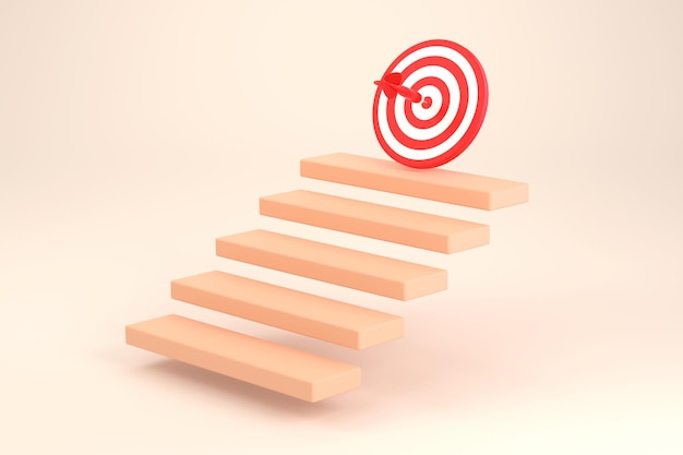 Stap met rode pijl midden op de bovenste trap bedrijfsstrategie stap naar succesdoel