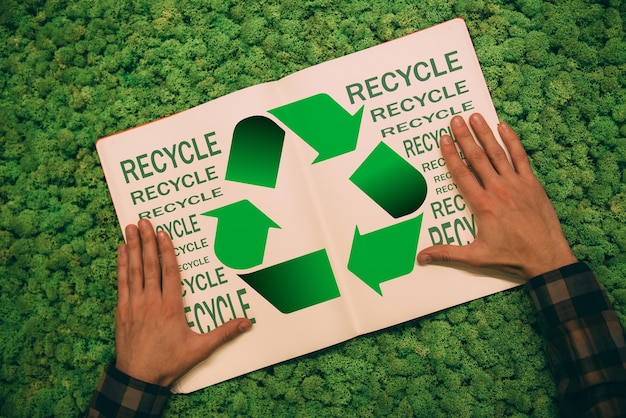 Stap naar het groene leven. Bovenaanzicht close-up beeld van man hand in hand op zijn notitieboekje met recycle symbool en tekst op mos achtergrond