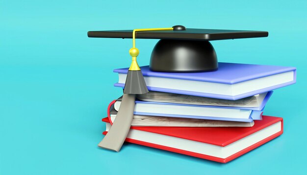 Stap naar succes Schoolboeken Accessoires en Graduation Vibes op Light Blue 3D Rendering
