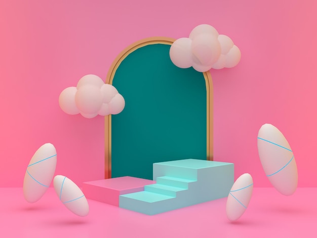 Stap podium podia met zwevende wolken en rugbyballen met groene boog op roze achtergrond Voetstuk voor kind productpresentatie Geometrische 3D render