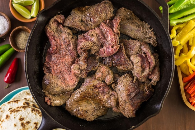 Stap voor stap. Biefstuk biefstuk in gietijzeren koekenpan voor steak fajitas braden.