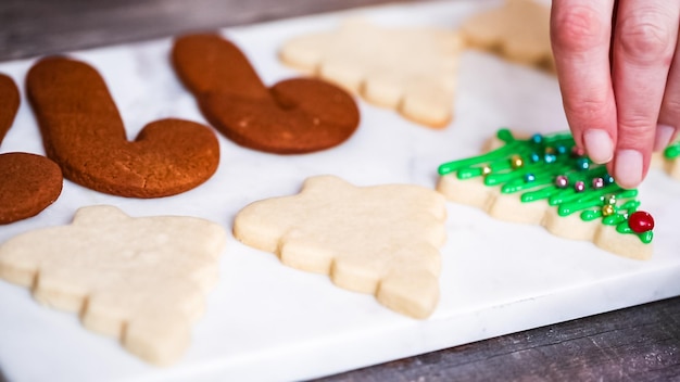 Stap voor stap. Peperkoek en suikerkoekjes versieren met royal icing voor Kerstmis.