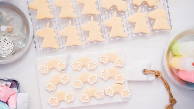 Stap voor stap. Suikerkoekjes in unocrn-vorm versieren met royal icing voor een verjaardagsfeestje voor kleine meisjes.