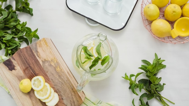 Stap voor stap. Voorbereiding van traditionele limonade met vers gesneden citroenen en munt.