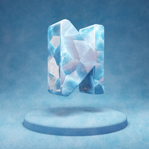 Stap vooruit icoon. Gebarsten blauw Ice Step Forward-symbool op blauw sneeuwpodium. Social Media Icon voor website, presentatie, ontwerpsjabloon element. 3D render.