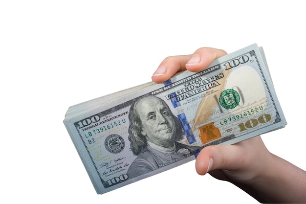 Stapel Amerikaans geld contant geld in de hand Hand met honderd dollar bankbiljetten Financiële en economische crisis
